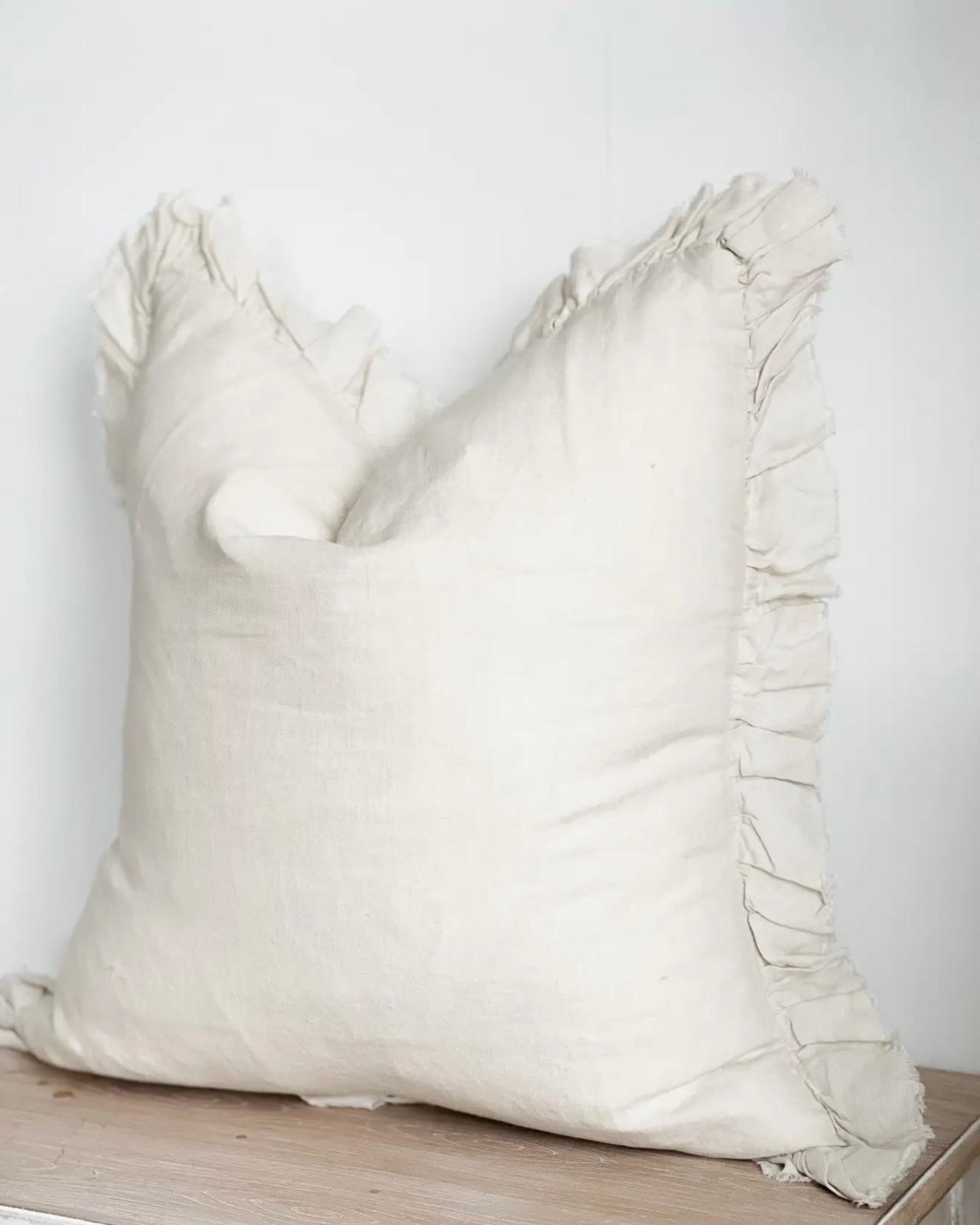 Hallie Cream Neutral Square Linen Cushion Cover with Ruffled Edge, luxury soft furnishings by Ellenvale Trade.