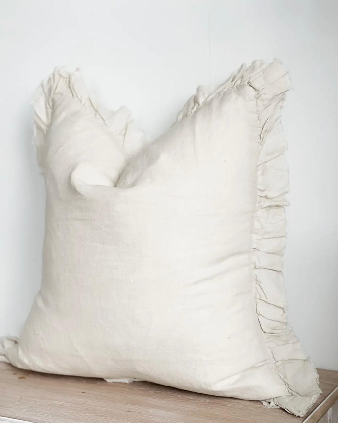 Hallie Cream Neutral Square Linen Cushion Cover with Ruffled Edge, luxury soft furnishings by Ellenvale Trade.