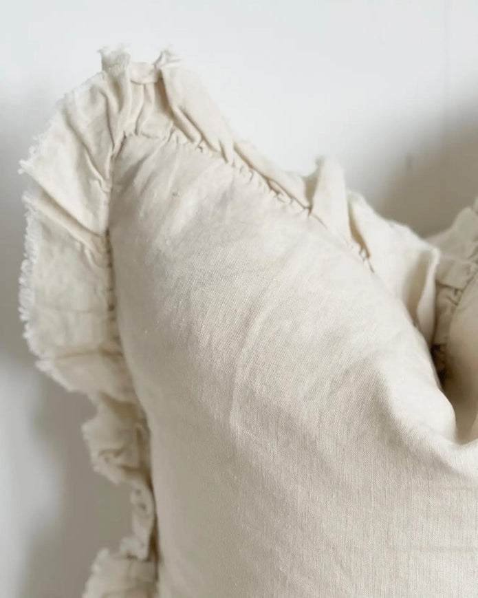 Hallie Cream Neutral Square Linen Cushion Cover with Ruffled Edges, luxury soft furnishings by Ellenvale Trade