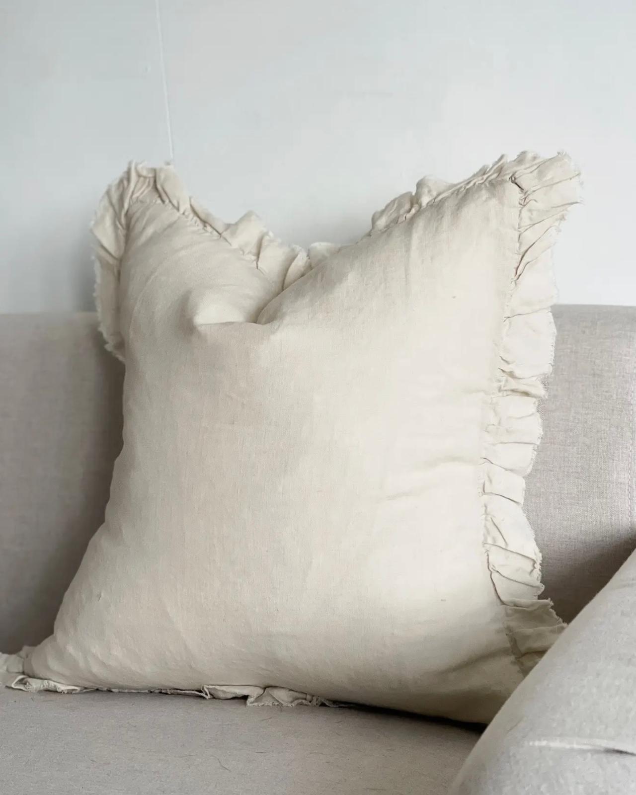 Ellenvale Trade Hallie Cream neutral square linen cushion cover with ruffled edges, soft furnishings for elegant home decor.