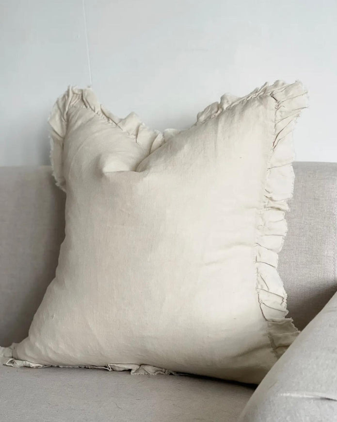 Ellenvale Trade Hallie Cream neutral square linen cushion cover with ruffled edges, soft furnishings for elegant home decor.