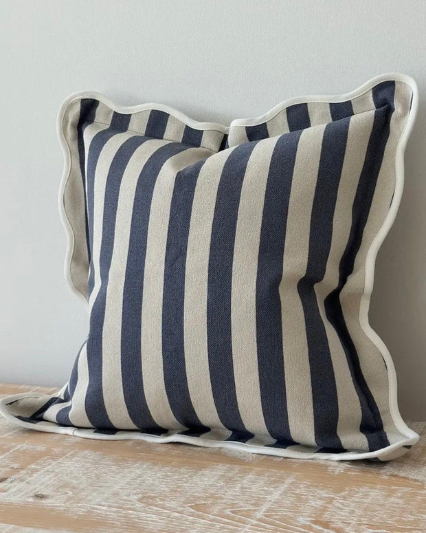 Navy blue Chloe square scalloped cushion cover by Ellenvale Trade, soft furnishings with elegant scalloped edges on fabric.