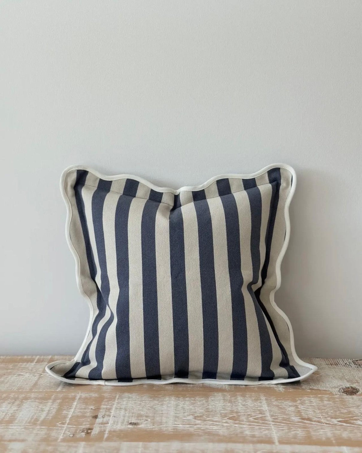 Navy blue square scalloped cushion cover by Ellenvale Trade, soft furnishings with decorative scalloped edges and plush fabric.