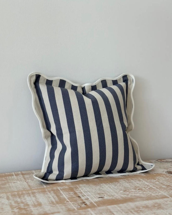 Navy blue square scalloped cushion cover by Ellenvale Trade, featuring soft furnishings with decorative scalloped edges.