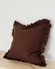 Dark brown ruffle square linen blend cushion cover by Ellenvale Trade, soft furnishings with elegant ruffle detail.