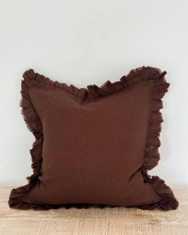 Dark brown linen blend cushion cover with ruffle square design by Ellenvale Trade, soft furnishings decor.