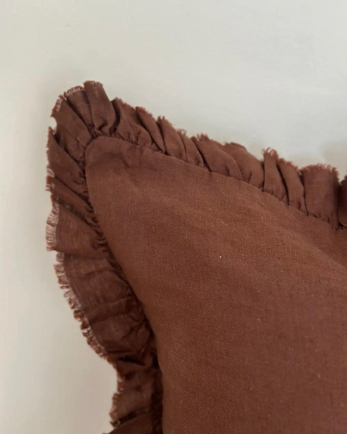 Dark brown linen blend cushion cover with ruffle square design by Ellenvale Trade, soft furnishings accessory.