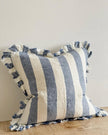Blue and white wide stripe Ellenvale Trade cotton blend cushion cover showing soft luxurious fabric and stylish design.