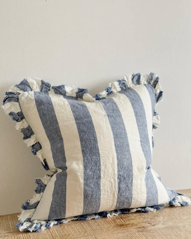 Blue and white wide stripe Ellenvale Trade cotton blend cushion cover showing soft luxurious fabric and stylish design.