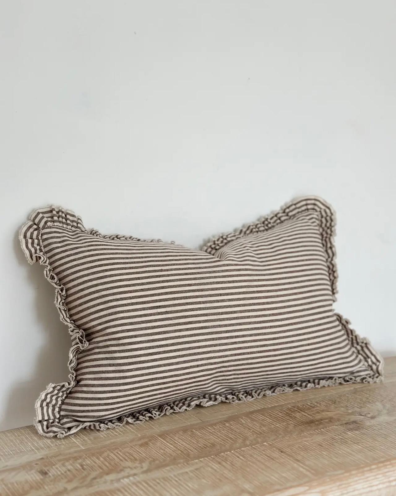 Chocolate brown pinstripe cushion cover in rectangle shape by Ellenvale Trade, featuring soft furnishings design with a stylish pinstripe pattern.