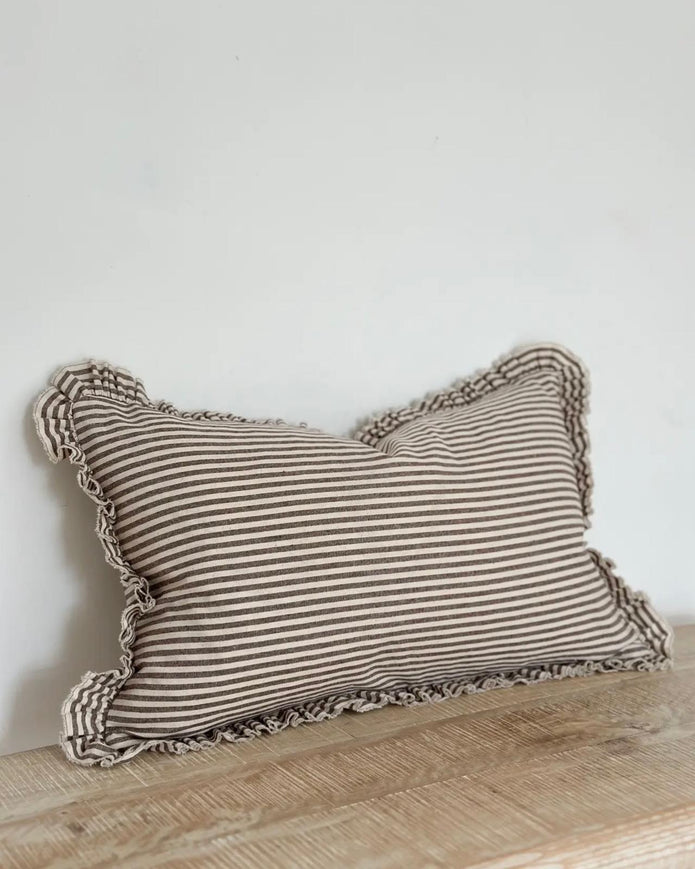 Chocolate brown pinstripe cushion cover in rectangle shape by Ellenvale Trade, featuring soft furnishings design with a stylish pinstripe pattern.