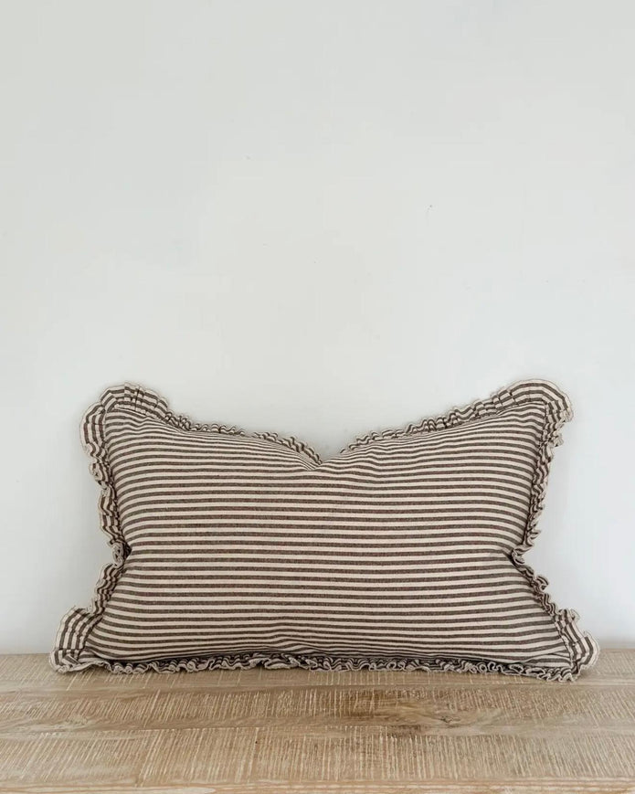 Chocolate brown Darcy pinstripe cushion cover by Ellenvale Trade, rectangular soft furnishing with subtle pinstripe pattern.