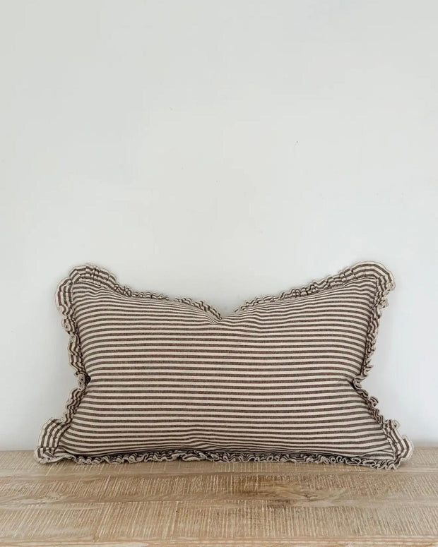 Dark brown and white rectangle pinstripe cushion cover made of luxury cotton blend, ideal for elegant soft furnishings.