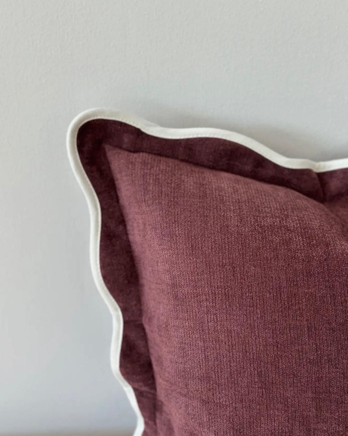 Chloe burgundy square cushion cover with plum and cream scalloped edges, soft furnishings by Ellenvale Trade.