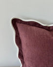 Chloe burgundy square cushion cover with plum and cream scalloped edges, soft furnishings by Ellenvale Trade.