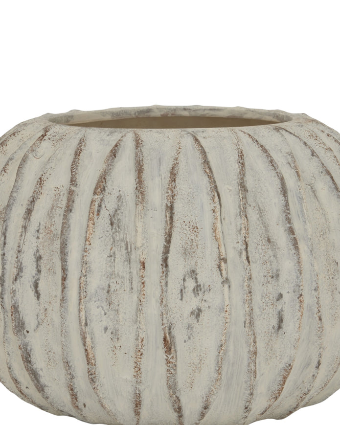 Large round Fin vase by Hill Interiors, featuring a sleek modern design in a neutral finish, suitable for elegant home decor.