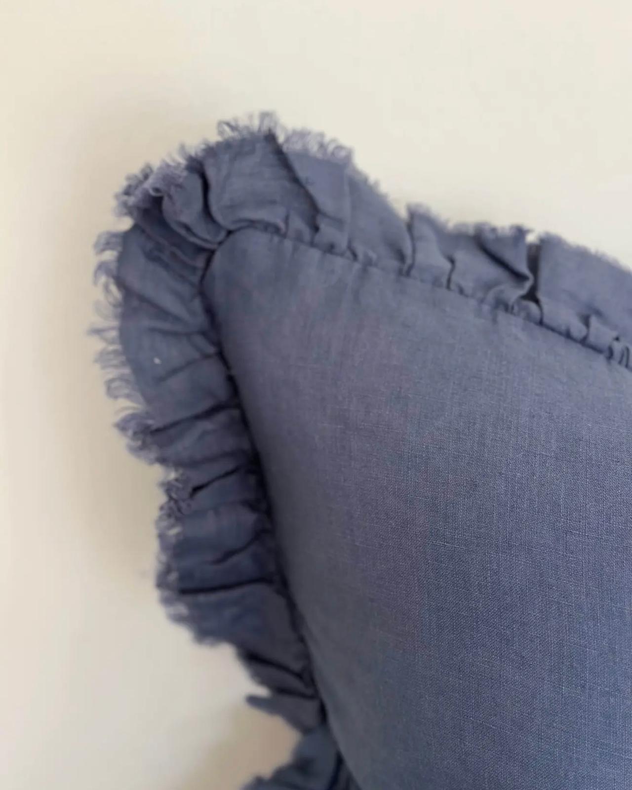 Hallie navy blue luxury linen cushion cover with ruffled edge from Ellenvale Trade, soft furnishings accessory for home decor.