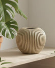 Pallida textured beige striped vase by Hill Interiors, showcasing a modern ceramic design with horizontal stripe patterns.