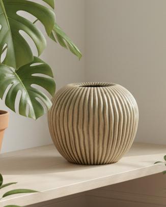 Pallida textured beige striped vase by Hill Interiors, showcasing a modern ceramic design with horizontal stripe patterns.