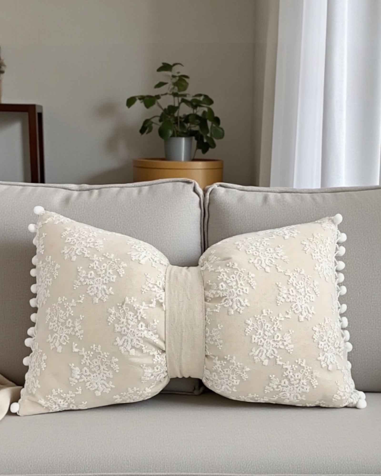 Cream Neutral Lace Bow Cushion - PRE ORDER TWO WEEK DELIVERY