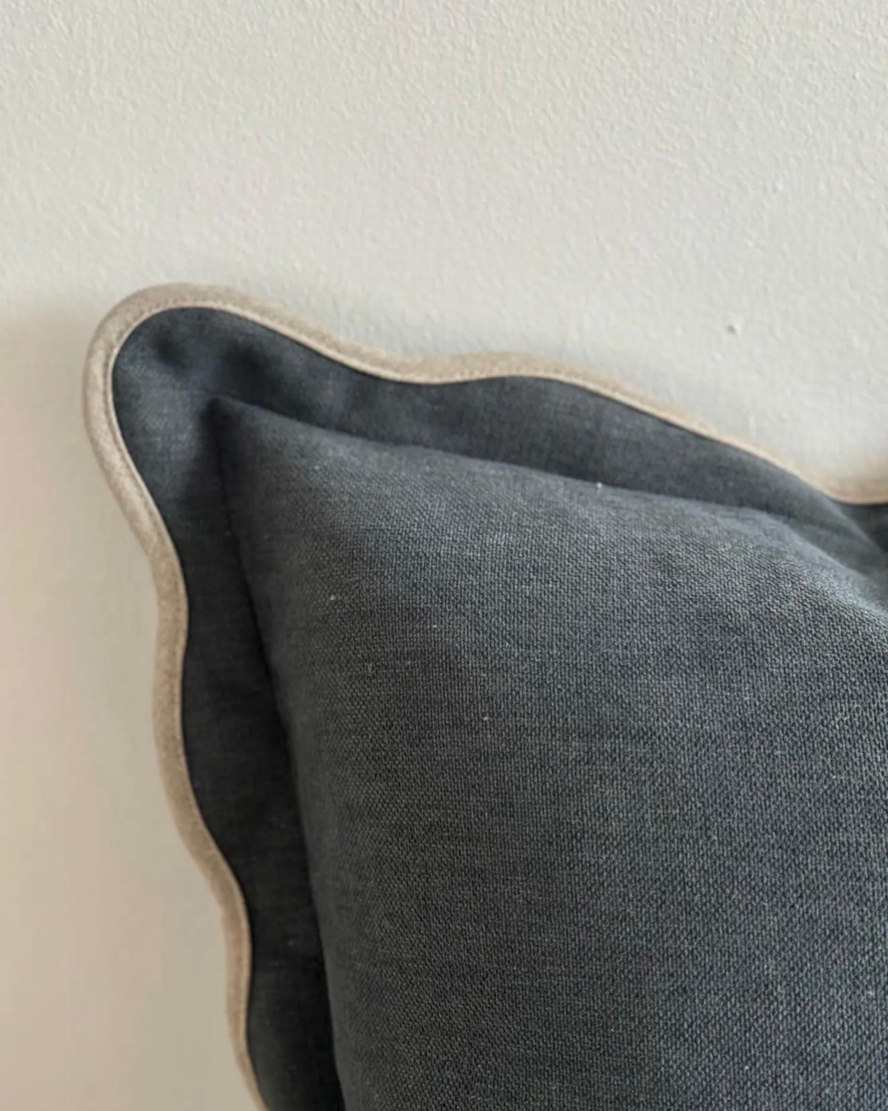 Blue square scalloped cushion cover from Chloe by Ellenvale Trade, soft furnishings accessory with decorative edge.