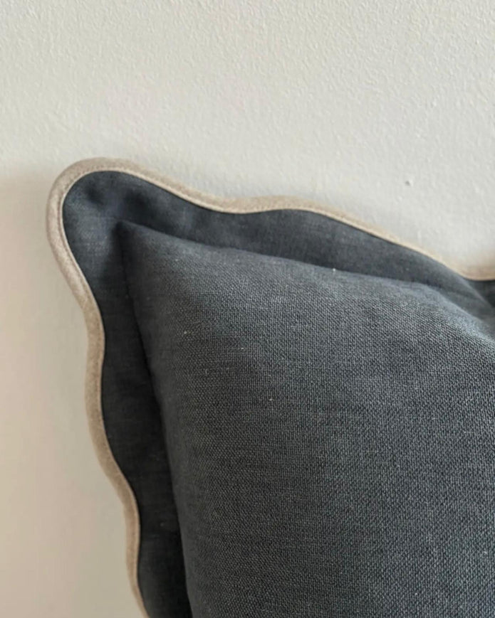 Blue square scalloped cushion cover from Chloe by Ellenvale Trade, soft furnishings accessory with decorative edge.