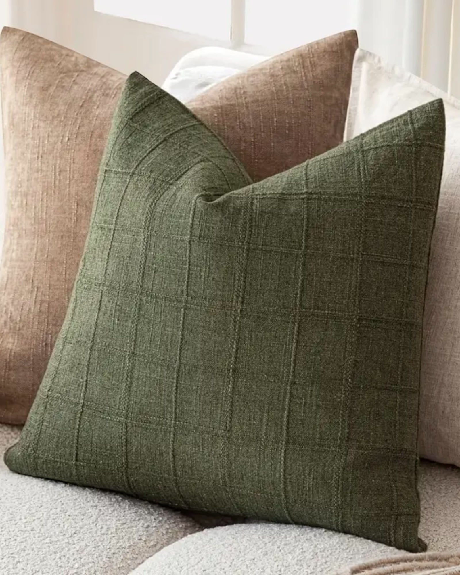 Olive Green Woven Square Design Cushion Cover - PRE ORDER TWO WEEK DELIVERY