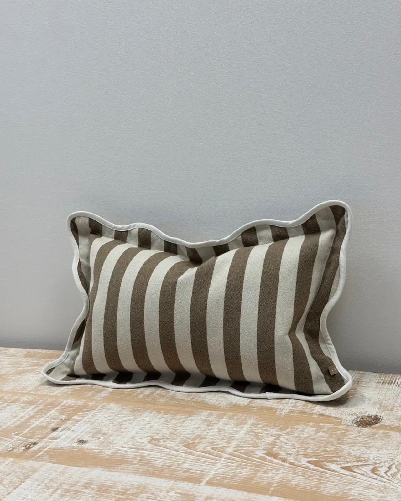 Ellenvale Trade Chloe Brown rectangle cushion cover with stripe pattern and scalloped edges for soft furnishings.