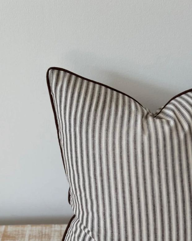 Dark brown and white pinstripe cotton blend cushion cover from Ellenvale Trade, featuring a piped luxury soft furnishings design.