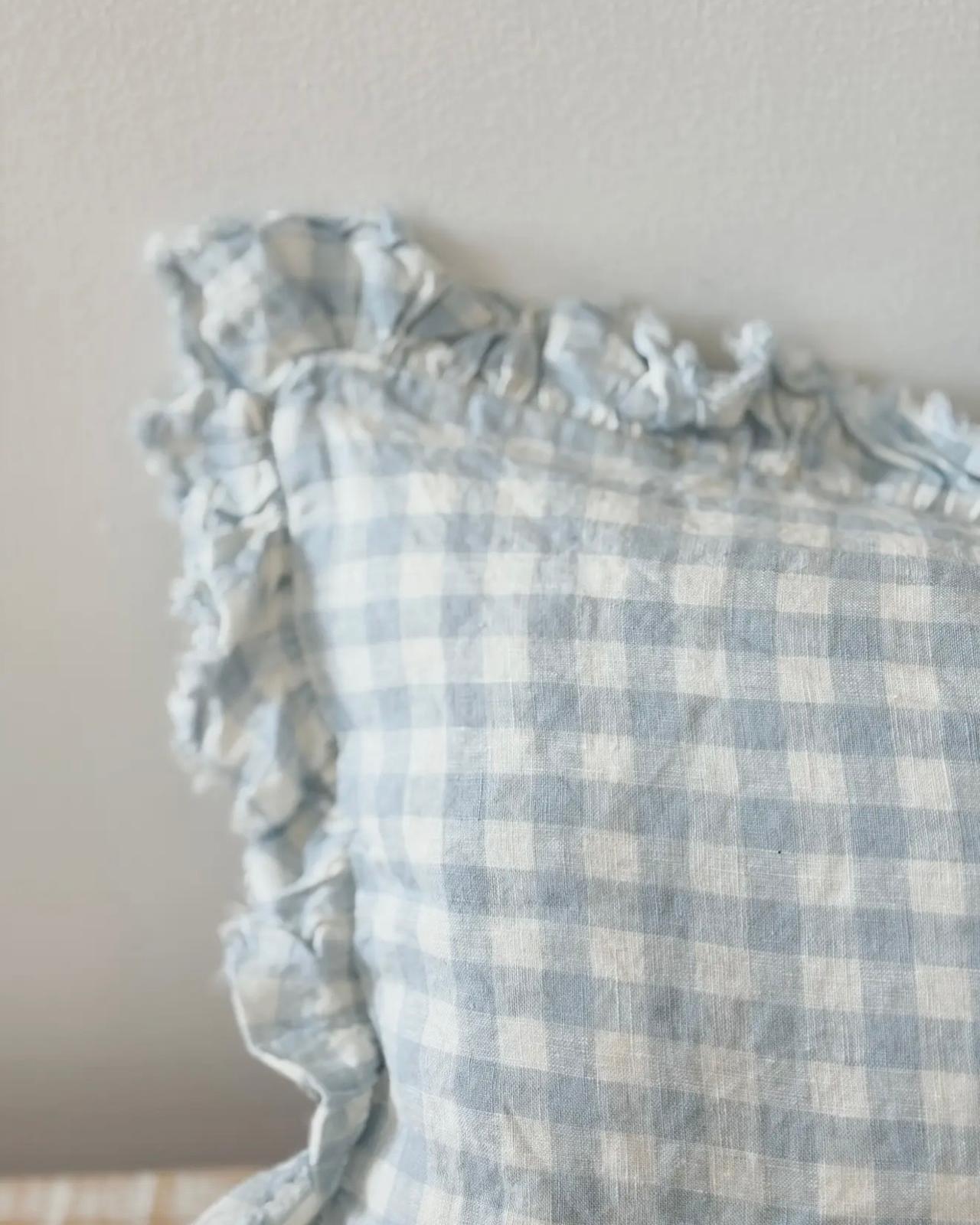 Ocean blue rectangle gingham cushion cover by Ellenvale Trade, soft furnishing with a classic checkered pattern.