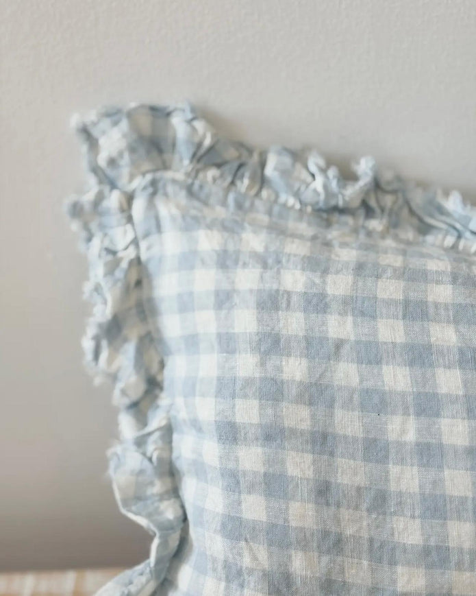 Ocean blue rectangle gingham cushion cover by Ellenvale Trade, soft furnishing with a classic checkered pattern.