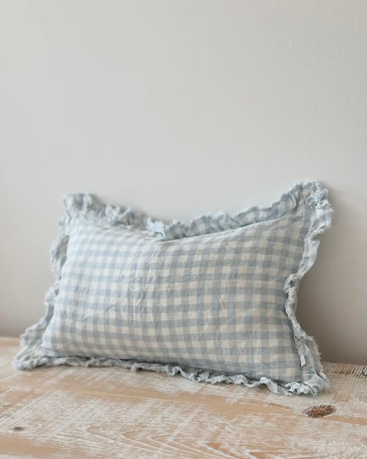 Ocean blue rectangle gingham cushion cover by Ellenvale Trade, soft furnishings with a classic checkered pattern.