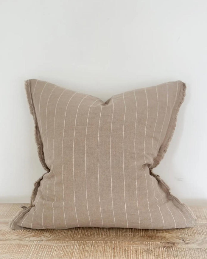 Beige narrow stripe cushion cover from Ellenvale Trade's soft furnishings collection, featuring a stylish striped design.