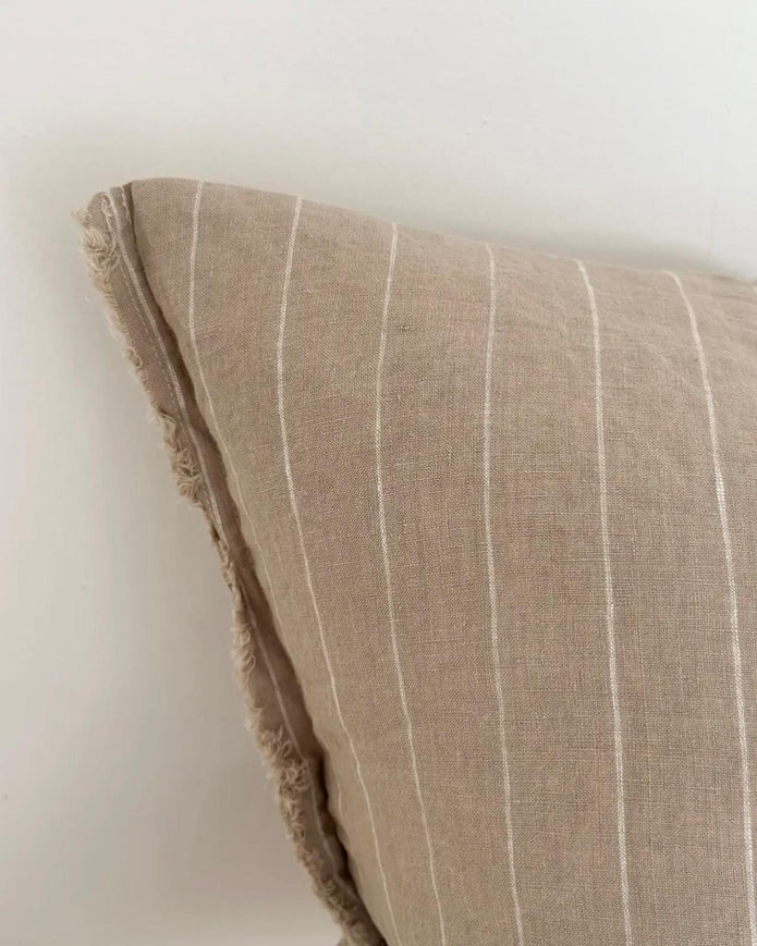 Beige narrow stripe cushion cover from Ellenvale Trade, soft furnishings, with a close-up of textured fabric and subtle stripe pattern.
