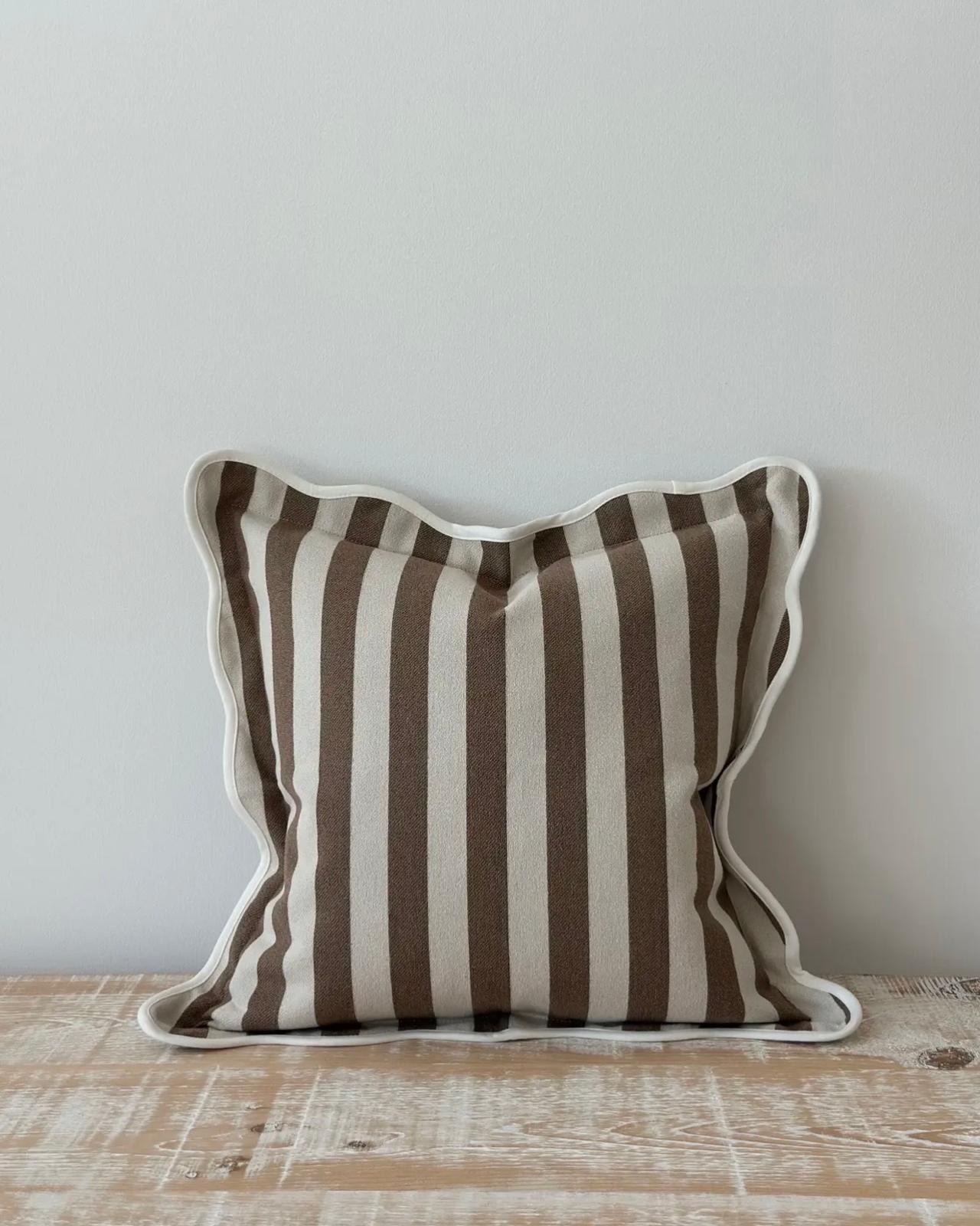Ellenvale Trade Chloe Brown square cushion cover with white stripe and scalloped edges, soft furnishings for home decor.
