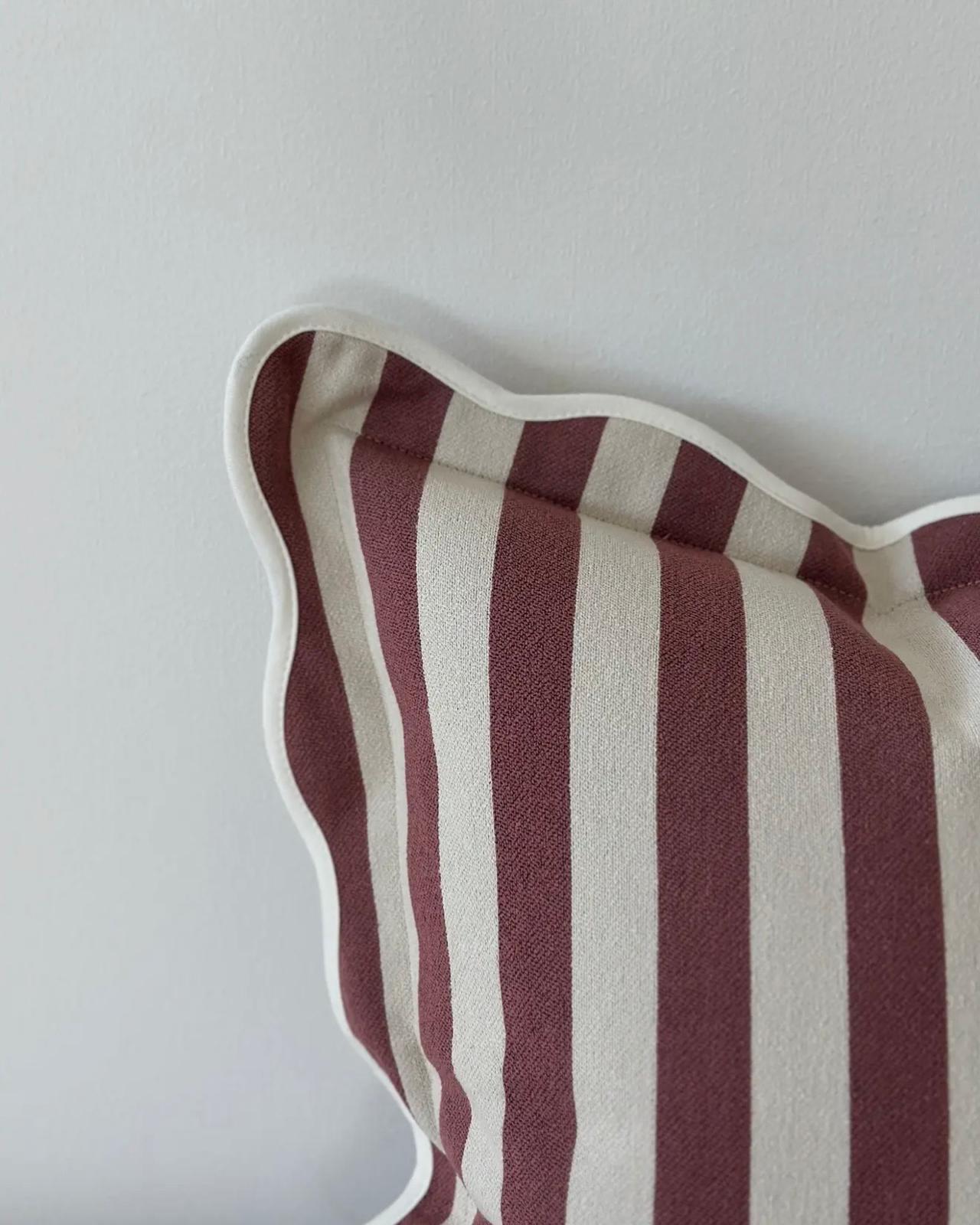 Ellenvale Trade Chloe burgundy square cushion cover with stripe and scalloped edges, soft furnishings decorative accent.