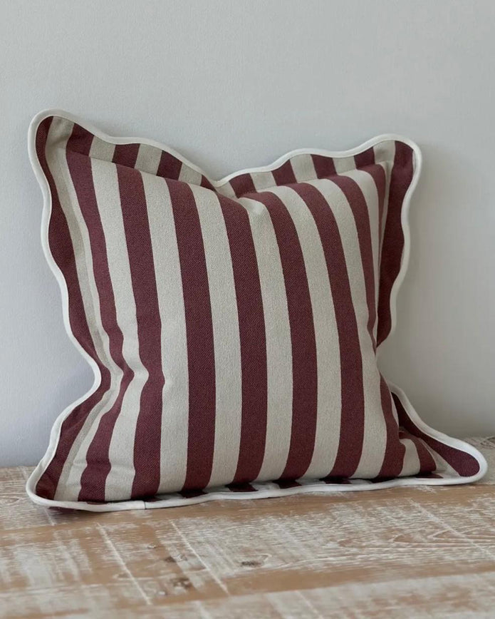 Chloe Burgundy square cushion cover with stripe and scalloped edges, Ellenvale Trade soft furnishings for decorative home decor.
