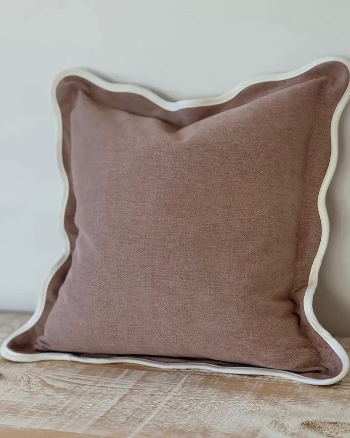 Extra large dusty pink square scalloped cushion cover by Ellenvale Trade, soft furnishings with a decorative scalloped edge.