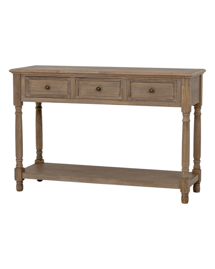 Delphine Collection 3-drawer console with shelf by Hill Interiors, showcasing elegant wood furniture with drawers and open storage.