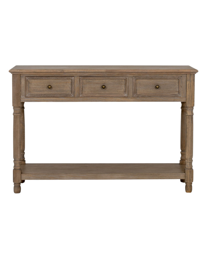 Delphine Collection 3-drawer console with shelf from Hill Interiors, showcasing modern wooden furniture for entryway or living room.