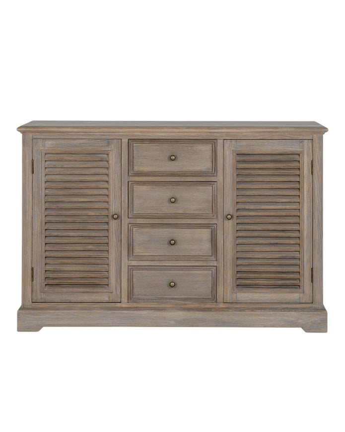 Large Delphine Collection 2-door, 4-drawer dresser base by Hill Interiors, showcasing a modern furniture piece with sleek design and storage.