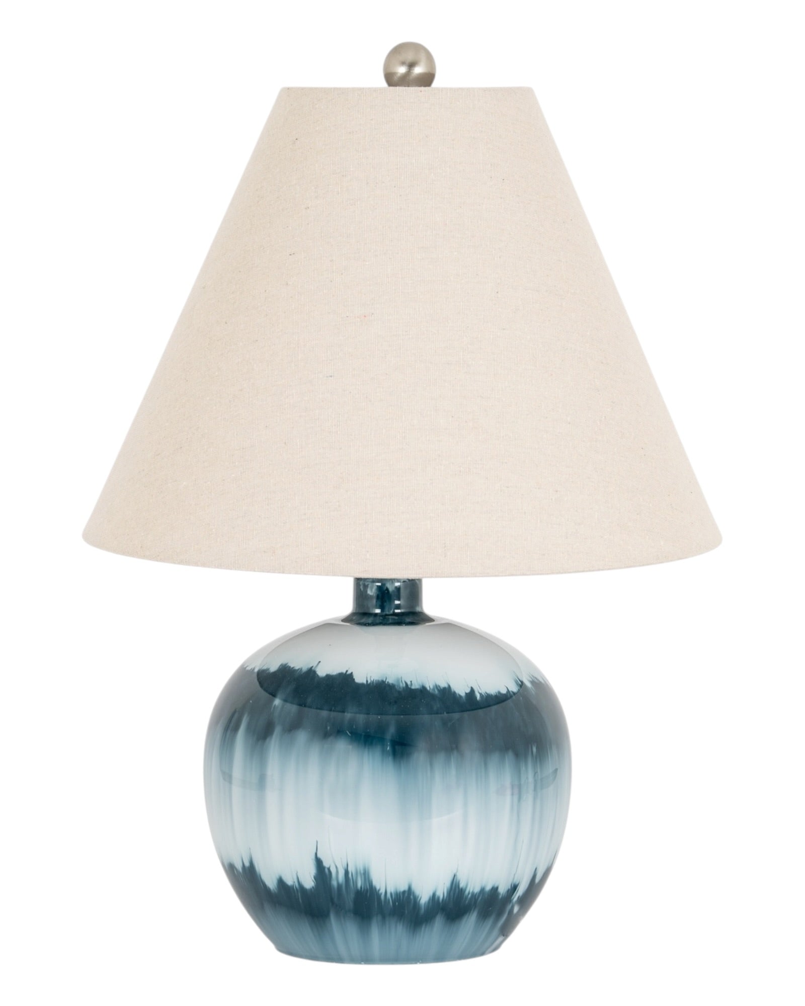 Teal blue glass lamp by Hill Interiors, stylish lighting fixture with a modern design and clear glass shade.