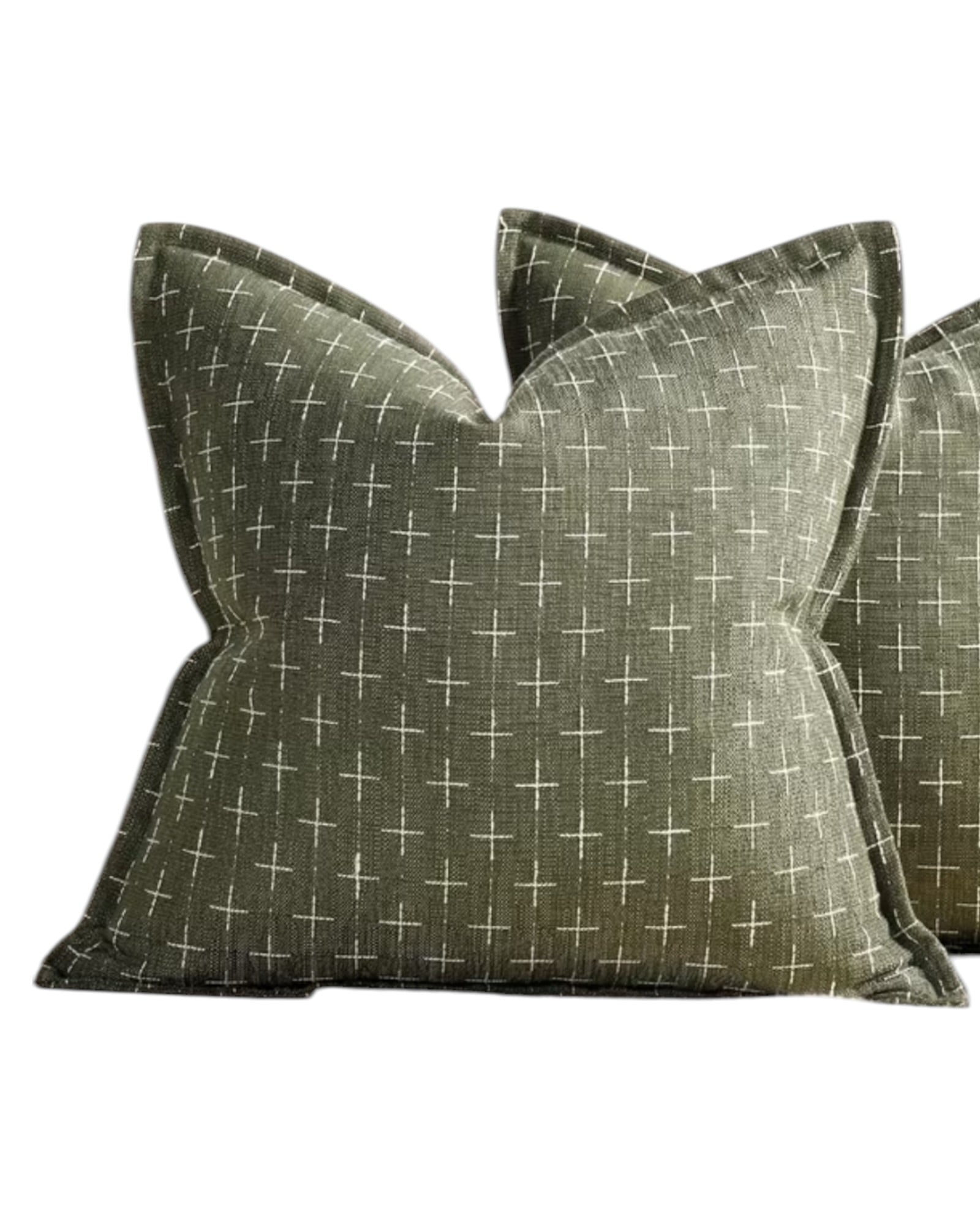 Olive green woven cushion cover with cross design from Starlight Express, soft furnishings accent for sofa or bed.
