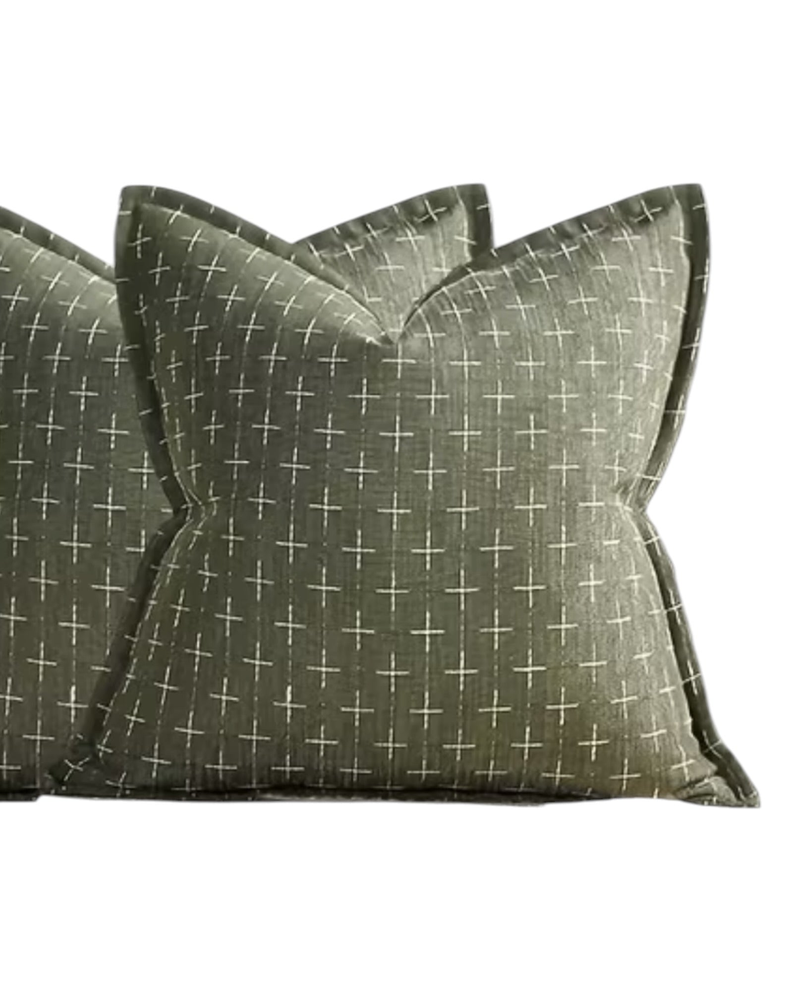 Olive green woven cushion cover with cross design from Starlight Express, soft furnishings decorative accent.