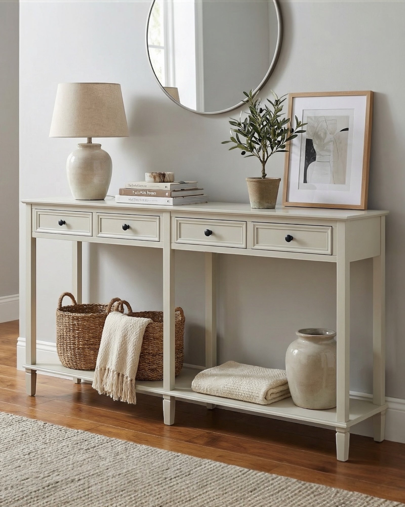 Hill Interiors Belmont Collection 4 Drawer Console table with sleek wood finish and modern design, perfect for entryways.