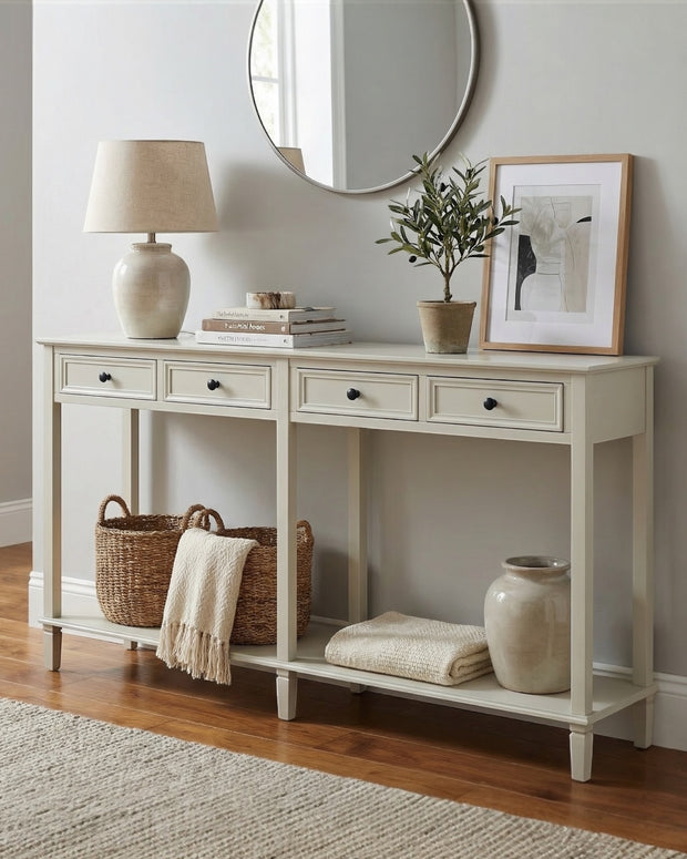 Hill Interiors Belmont Collection 4 Drawer Console table with sleek design and wooden finish, ideal for entryways and living rooms.