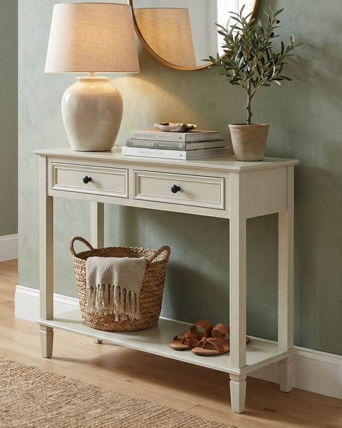 Hill Interiors Belmont Collection 2 Drawer Console table with a sleek wood finish and modern design, ideal for entryways or living rooms.