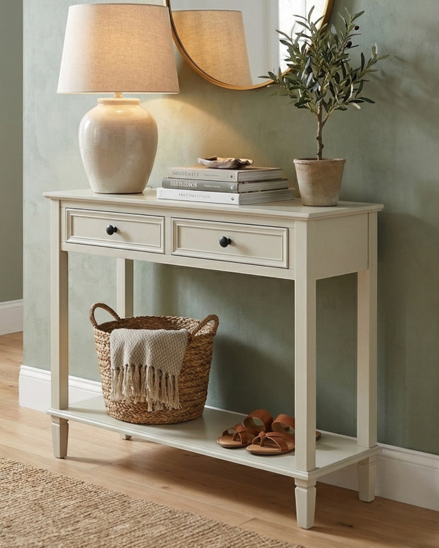 Hill Interiors Belmont Collection 2 Drawer Console table featuring a sleek wooden finish and modern design.