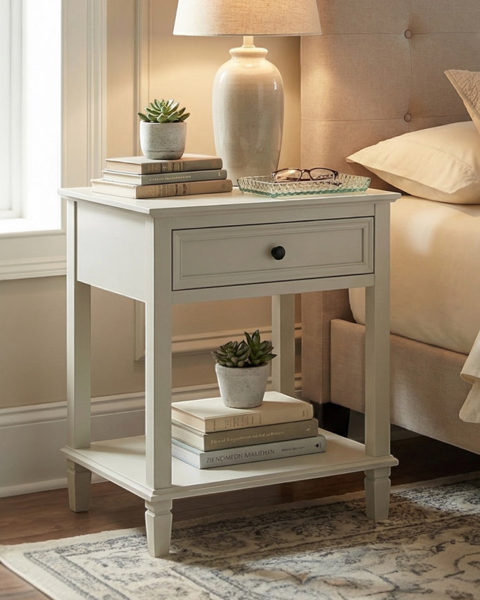 Hill Interiors Belmont Collection 1 Drawer Side Table showcasing a sleek wooden furniture piece with a single drawer and modern design.