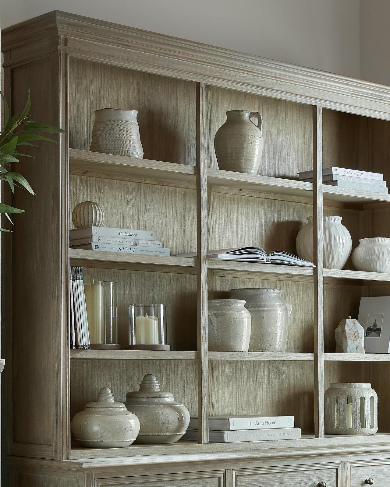 Large wooden dresser top from Hill Interiors' Delphine Collection with three spacious shelves for stylish storage.